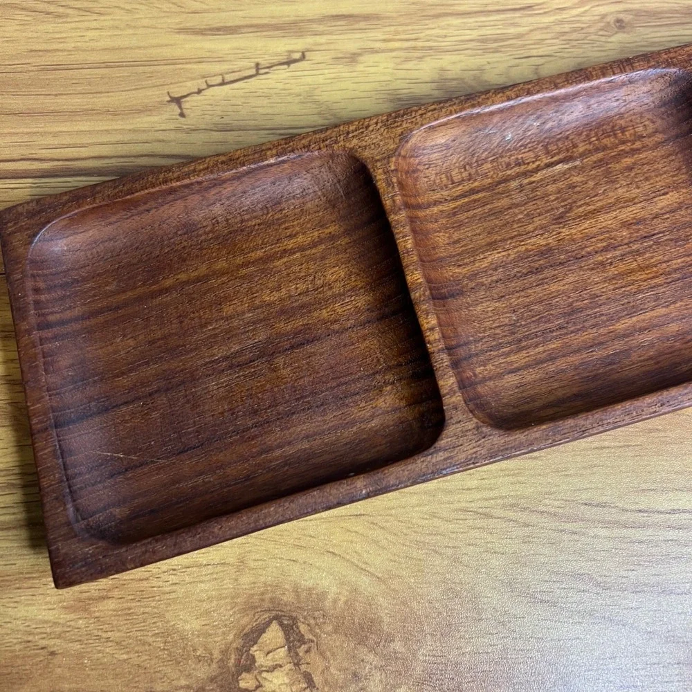 VintagTeak Wood Trinket Tray Serving Dish 3 Section MCM Appetizer Dish Boho